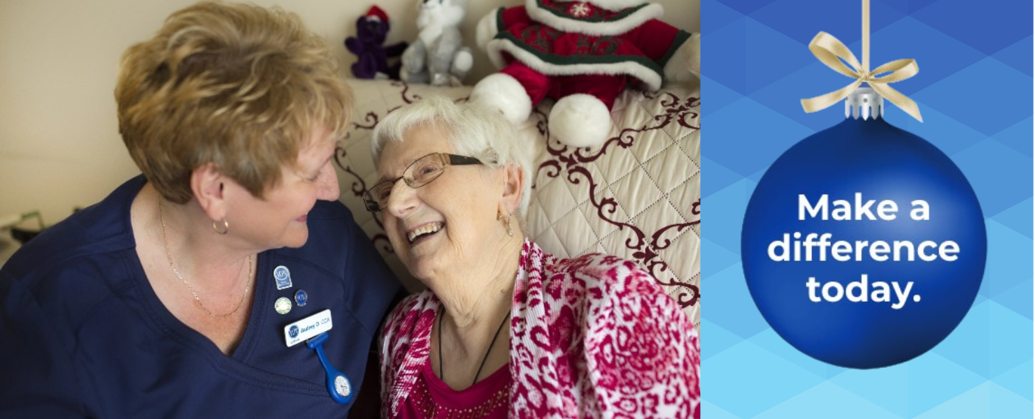 VON Staff and client smiling, "Make a difference today" text inset in holiday ball, "Give those who are lonely a reason to smile" text below.