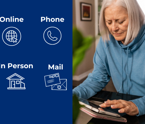 Four icons of ways to make a donation: worldwide web icon (online), a telephone receiver icon (Phone), a building icon (in-person), and two envelops (Mail) an older woman is looking down at a tablet in the comfort of her home.